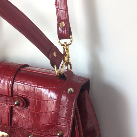 Vintage Real Croc Leather Burgundy Satchel Crossbody Purse Bag - Picture 4 of 12